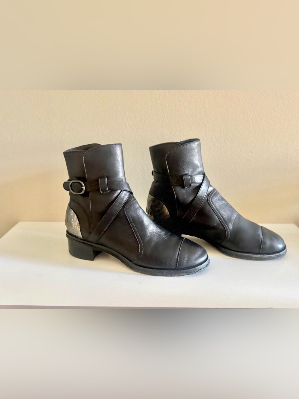 CHANEL Black Leather Moto Boots size 36.5, Silver Heel Logo Accent **Authentic**